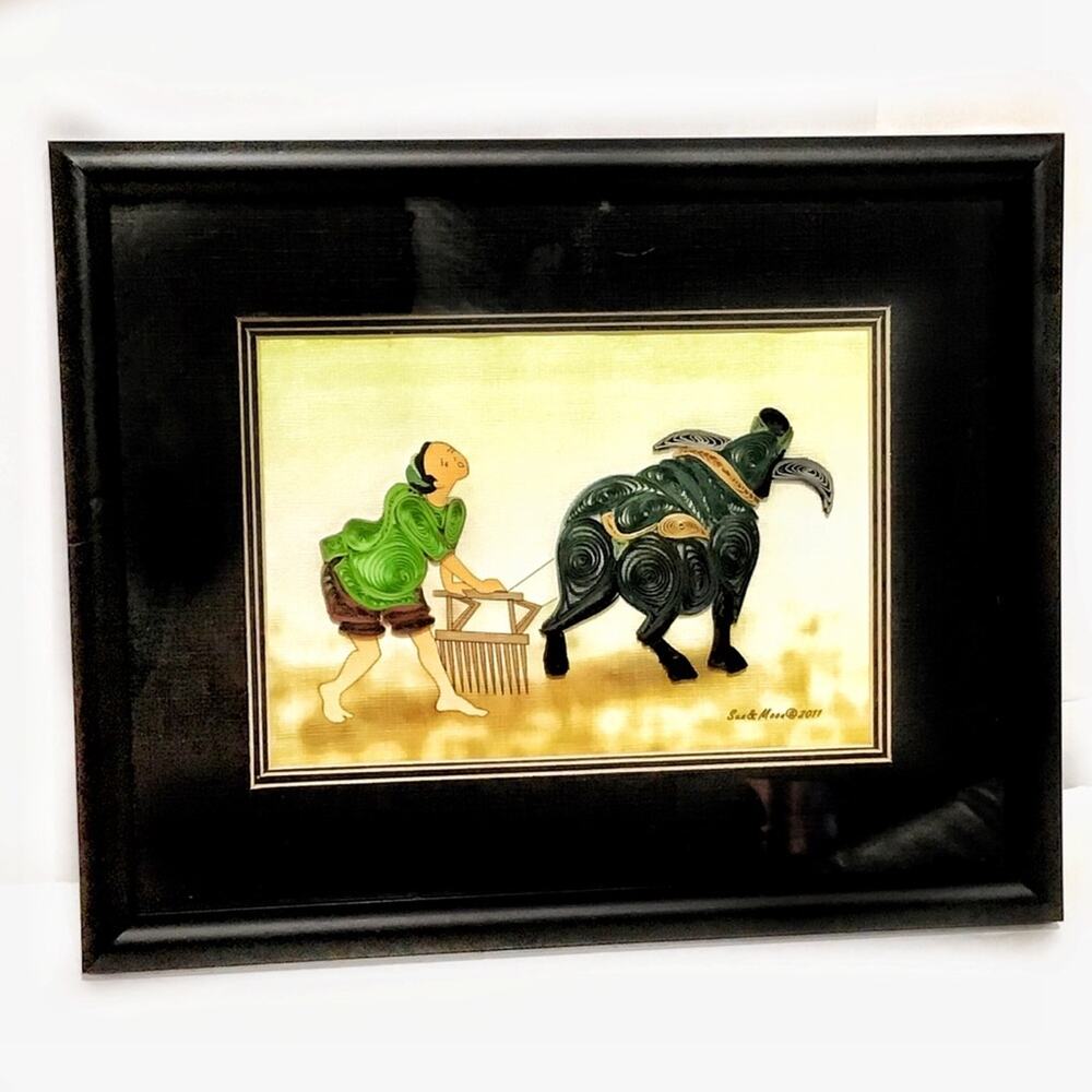 Art Print Water Buffalo Farmer Plowing a Field Framed by Sun & Moon Decor 2011